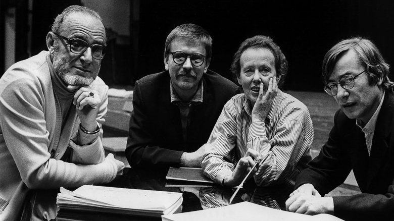 Michael Gielen, Axel Manthey, Ruth Berghaus, Klaus Zehelein, während Proben zu <em>Der Ring des Nibelungen</em>, Oper Frankfurt 1985-87