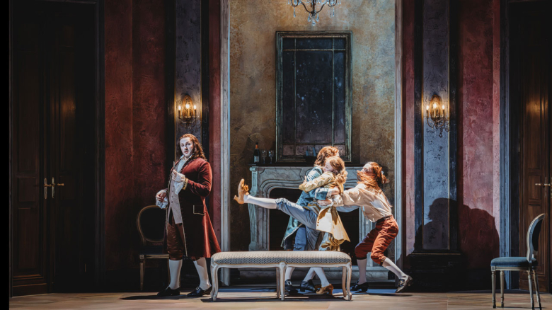 Yuriy Mynenko (Ottone) with Jonas Müller (Emireno) and dancer Guillermo de la Chica López restraining Iurii Iushkevich (Adelberto)
