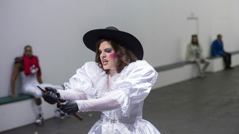 Elizabeth Reiter (Asteria; in foreground), Brennan Hall (Andronico), Cecelia Hall (Irene) & Liviu Holender (Leone)