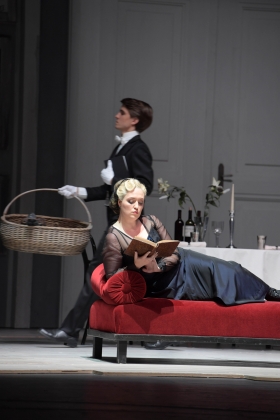 Jessica Strong (Vanessa) with Mikołaj Trąbka (Nicholas, Steward in the background)